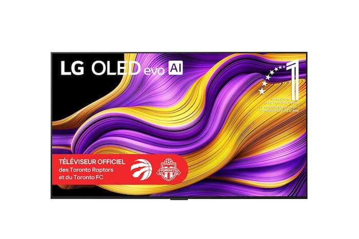 Vue avant du téléviseur Smart TV LG OLED evo AI G5 4K. L’emblème OLED 12 ans numéro 1 mondial et le logo LG OLED evo IA 2025 apparaissent sur l’écran.