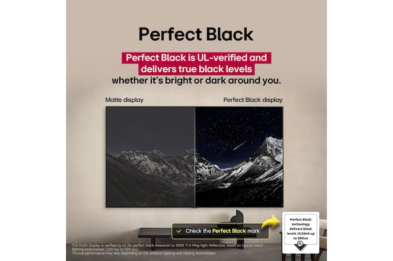 Salle de séjour équipée d’un LG OLED TV fixé au mur. Le téléviseur montre une chaîne de montagnes sur fond de ciel sombre et étoilé. Cette scène est divisée en deux pour montrer comment des Noirs parfaits offrent des niveaux de noir authentiques, qu’il fasse clair ou sombre autour de vous. L’une des faces de la scène présente une version plus terne et grise du paysage étiqueté « Matte display ». De l’autre côté, l’image est plus agréable, avec une plus grande gamme dynamique de noirs et de blancs. Il s’agit de l’affichage « Perfect Black » (Noirs parfaits). La certification du logo est également visible, la technologie Noirs parfaits offre des niveaux de noir inférieurs ou égaux à 0,24 nit jusqu’à 500 lux. Une bulle de texte se trouve juste à côté et indique qu’il faut vérifier la marque de certification Noirs parfaits.