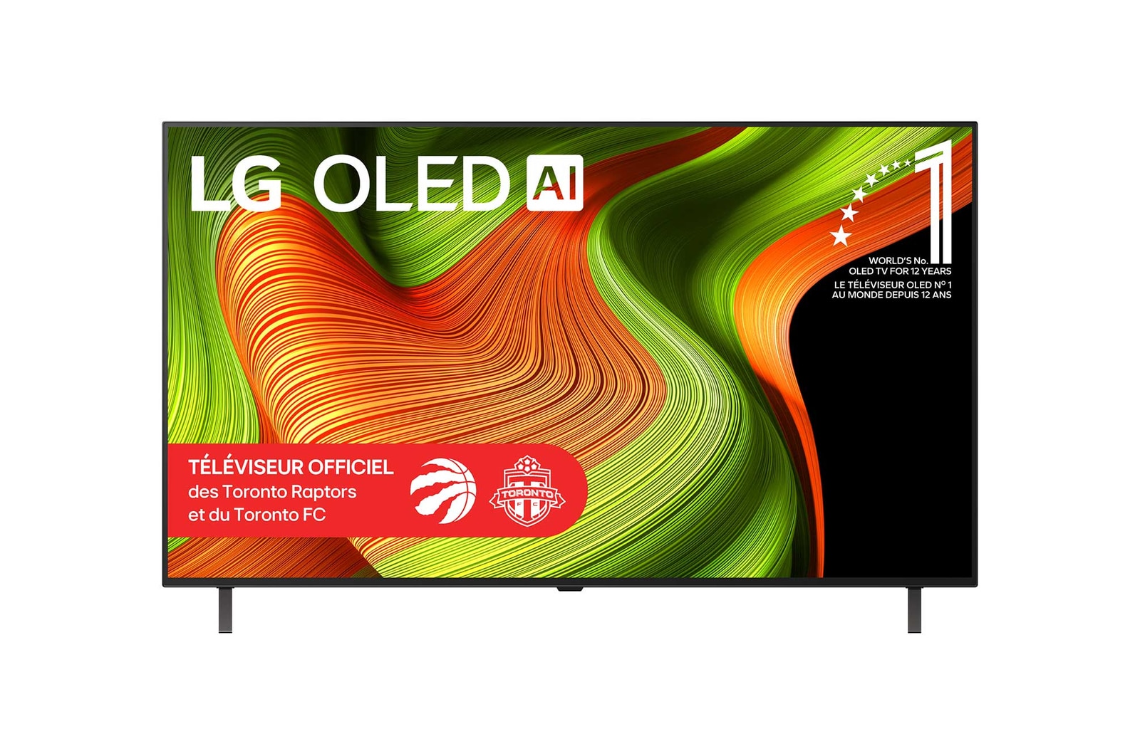 Vue avant du téléviseur Smart LG OLED AI B5 4K. L’emblème OLED 12 ans numéro 1 mondial et le logo LG OLED AI 2025 apparaissent sur l’écran.