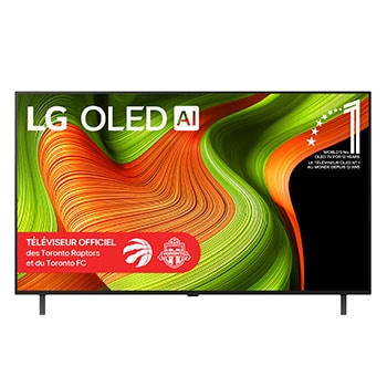 Vue avant du téléviseur Smart LG OLED AI B5 4K. L’emblème OLED 12 ans numéro 1 mondial et le logo LG OLED AI 2025 apparaissent sur l’écran.