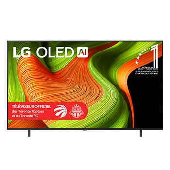 Vue avant du téléviseur Smart LG OLED AI B5 4K. L’emblème OLED 12 ans numéro 1 mondial et le logo LG OLED AI 2025 apparaissent sur l’écran.