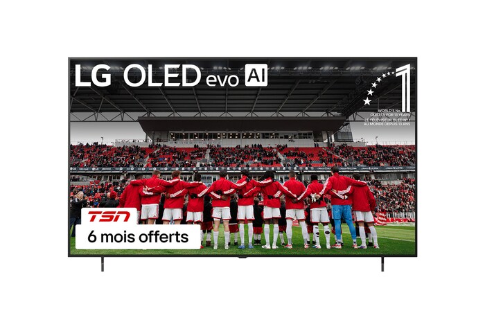 Vue avant du téléviseur Smart LG OLED AI B5 4K. L’emblème OLED 12 ans numéro 1 mondial et le logo LG OLED AI 2025 apparaissent sur l’écran.