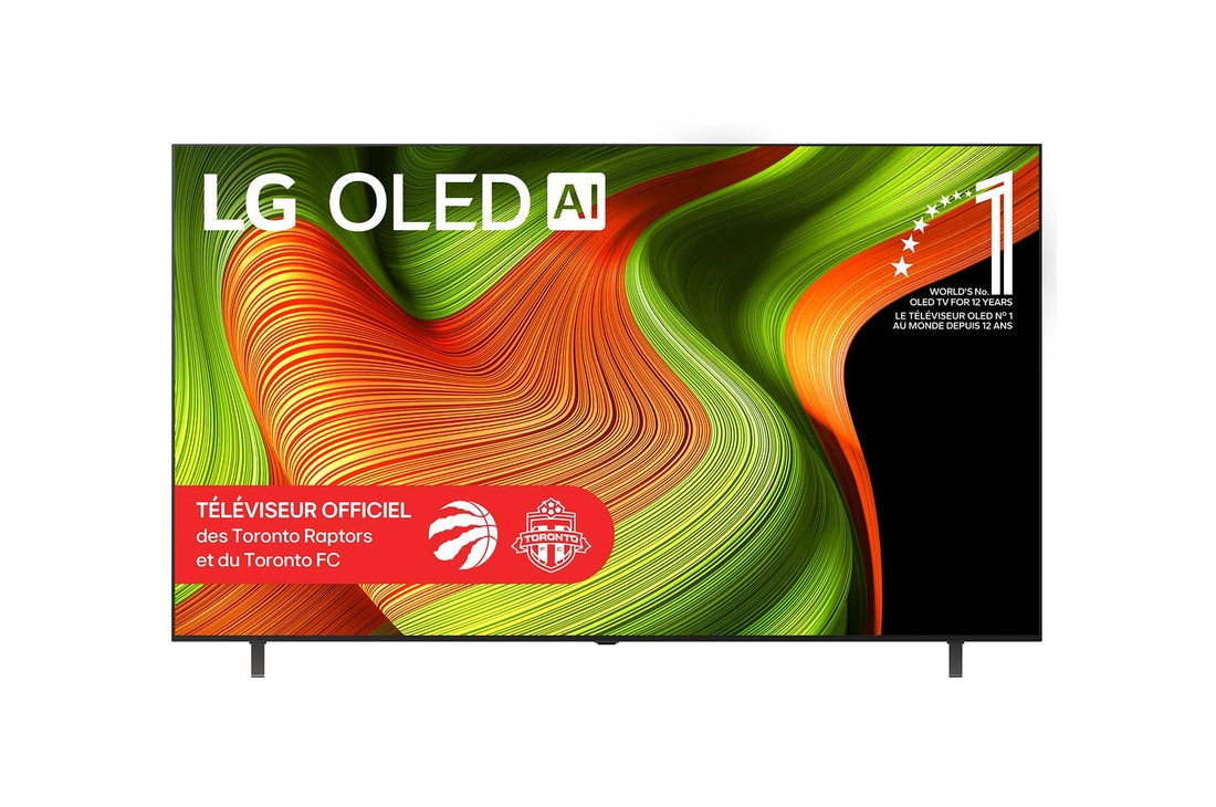 Vue avant du téléviseur Smart LG OLED AI B5 4K. L’emblème OLED 12 ans numéro 1 mondial et le logo LG OLED AI 2025 apparaissent sur l’écran.