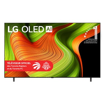 Vue avant du téléviseur Smart LG OLED AI B5 4K. L’emblème OLED 12 ans numéro 1 mondial et le logo LG OLED AI 2025 apparaissent sur l’écran.