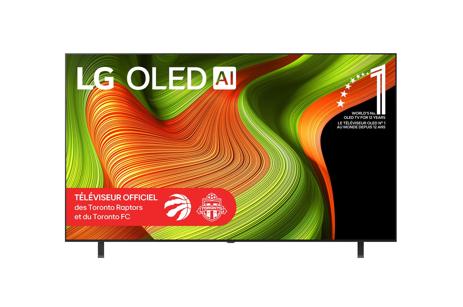 Vue avant du téléviseur Smart LG OLED AI B5 4K. L’emblème OLED 12 ans numéro 1 mondial et le logo LG OLED AI 2025 apparaissent sur l’écran.