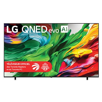 Vue avant du téléviseur LG QNED evo QNED85 TV, avec le logo LG QNED evo AI dans le coin supérieur. Le LG QNED evo QNED85 TV présente des textures colorées rappelant une peinture en mouvement.