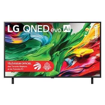 Vue avant du téléviseur LG QNED evo QNED85 TV, avec le logo LG QNED evo AI dans le coin supérieur. Le LG QNED evo QNED85 TV présente des textures colorées rappelant une peinture en mouvement.