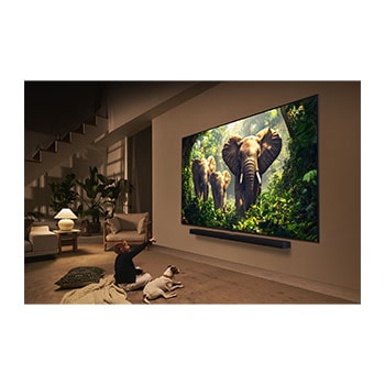 Une fille et un chien sont assis devant un LG QNED TV accroché au mur et représentant trois éléphants marchant vers l’extérieur, au-dessus d’une LG Soundbar. Le titre met en avant comment chaque action devient plus captivante sur un écran géant.