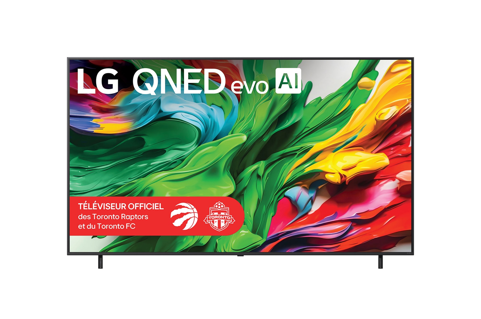 Vue avant du téléviseur LG QNED evo QNED85 TV, avec le logo LG QNED evo AI dans le coin supérieur. Le LG QNED evo QNED85 TV présente des textures colourées rappelant une peinture en mouvement.