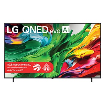 Vue avant du téléviseur LG QNED evo QNED85 TV, avec le logo LG QNED evo AI dans le coin supérieur. Le LG QNED evo QNED85 TV présente des textures colourées rappelant une peinture en mouvement.
