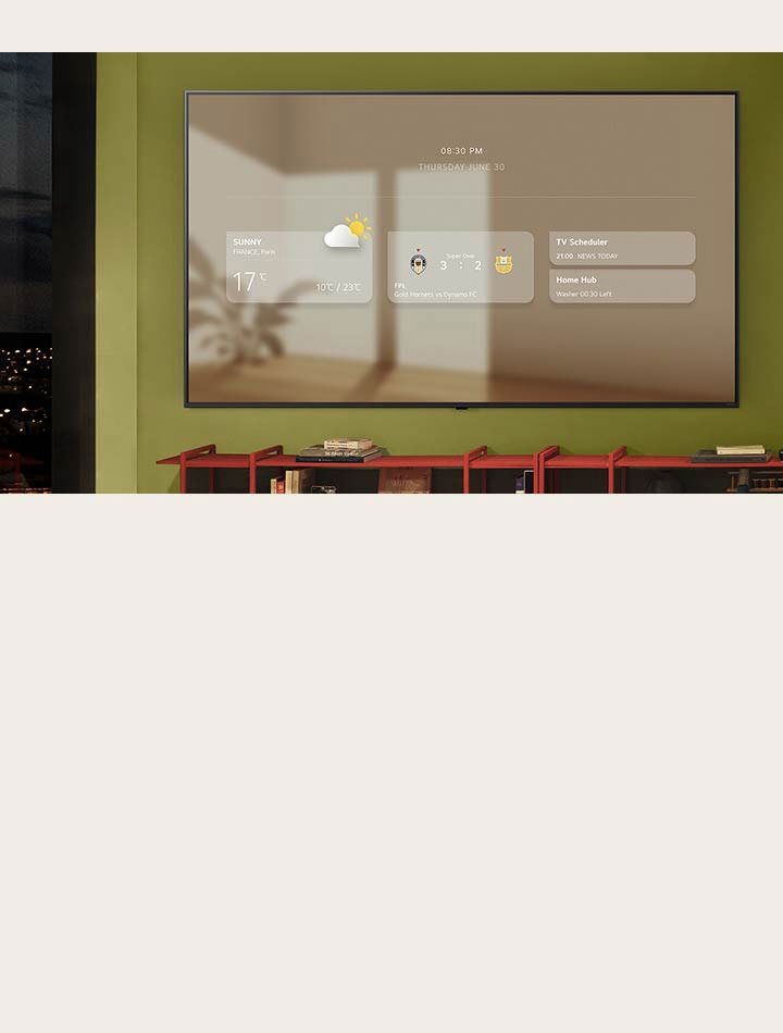 Le tableau d’information est affiché sur un LG TV à fixation murale. Différentes fonctionnalités sont affichées, telles que les mises à jour météorologiques, les alertes sportives, le programmateur TV, Home Hub et Google Calendar.