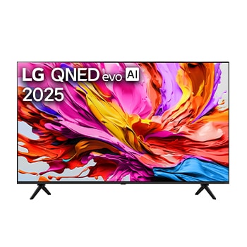 Vue avant du téléviseur LG QNED evo qned91, avec le logo LG QNED evo AI dans le coin supérieur. Le téléviseur LG QNED evo présente des textures colorées rappelant une peinture en mouvement.