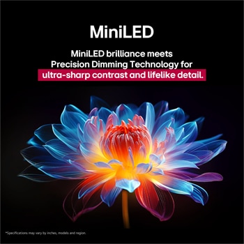 Une fleur holographique en 3D, affichant de nombreuses nuances et teintes, sur un fond noir. La définition et les détails de la fleur mettent en valeur la capacité du QNED MiniLED à produire des visuels avec des couleurs exceptionnelles, une luminosité intense et un contraste remarquable. Le titre explique comment MiniLED améliore la clarté et fournit un contraste exceptionnel.