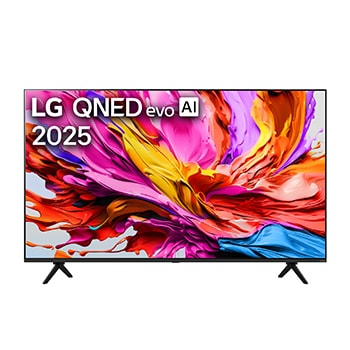 Vue avant du téléviseur LG QNED evo qned91, avec le logo LG QNED evo AI dans le coin supérieur. Le téléviseur LG QNED evo présente des textures colorées rappelant une peinture en mouvement.