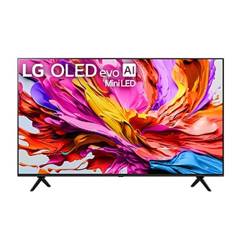 Vue avant du téléviseur LG QNED evo qned91, avec le logo LG QNED evo AI dans le coin supérieur. Le téléviseur LG QNED evo présente des textures colorées rappelant une peinture en mouvement.