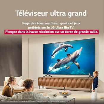 Une famille est assise sur un canapé face à un LG QNED TV placé au-dessus d’un meuble TV. Une petite fille pointe du doigt un écran représentant deux dauphins. Le titre explique comment profiter de la haute résolution sur un écran géant.