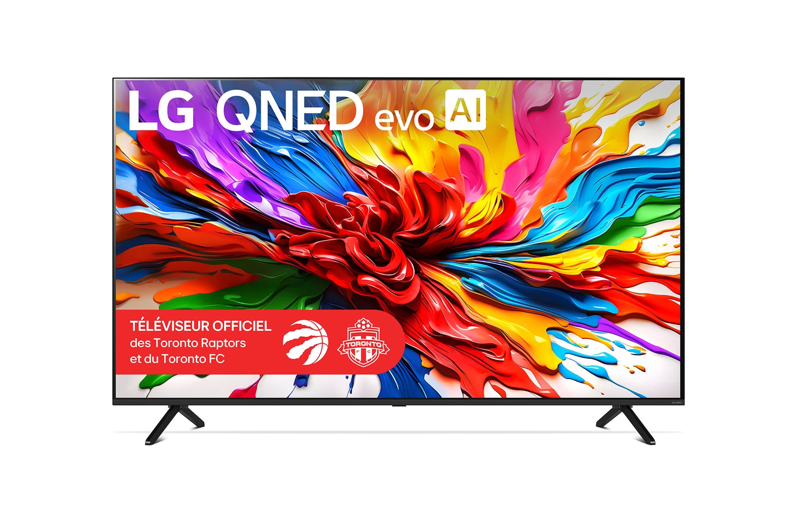 Vue avant du téléviseur LG QNED evo QNED92, avec le logo LG QNED evo AI dans le coin supérieur. Le téléviseur LG QNED evo présente des textures colorées rappelant une peinture en mouvement.