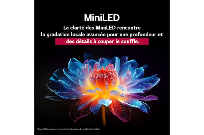 Une fleur holographique en 3D, affichant de nombreuses nuances et teintes, sur un fond noir. La définition et les détails de la fleur mettent en valeur la capacité du QNED MiniLED à produire des visuels avec des couleurs exceptionnelles, une luminosité intense et un contraste remarquable. Le titre explique comment MiniLED améliore la clarté et fournit un contraste exceptionnel.