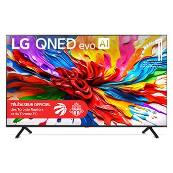 Vue avant du téléviseur LG QNED evo QNED92, avec le logo LG QNED evo AI dans le coin supérieur. Le téléviseur LG QNED evo présente des textures colorées rappelant une peinture en mouvement.