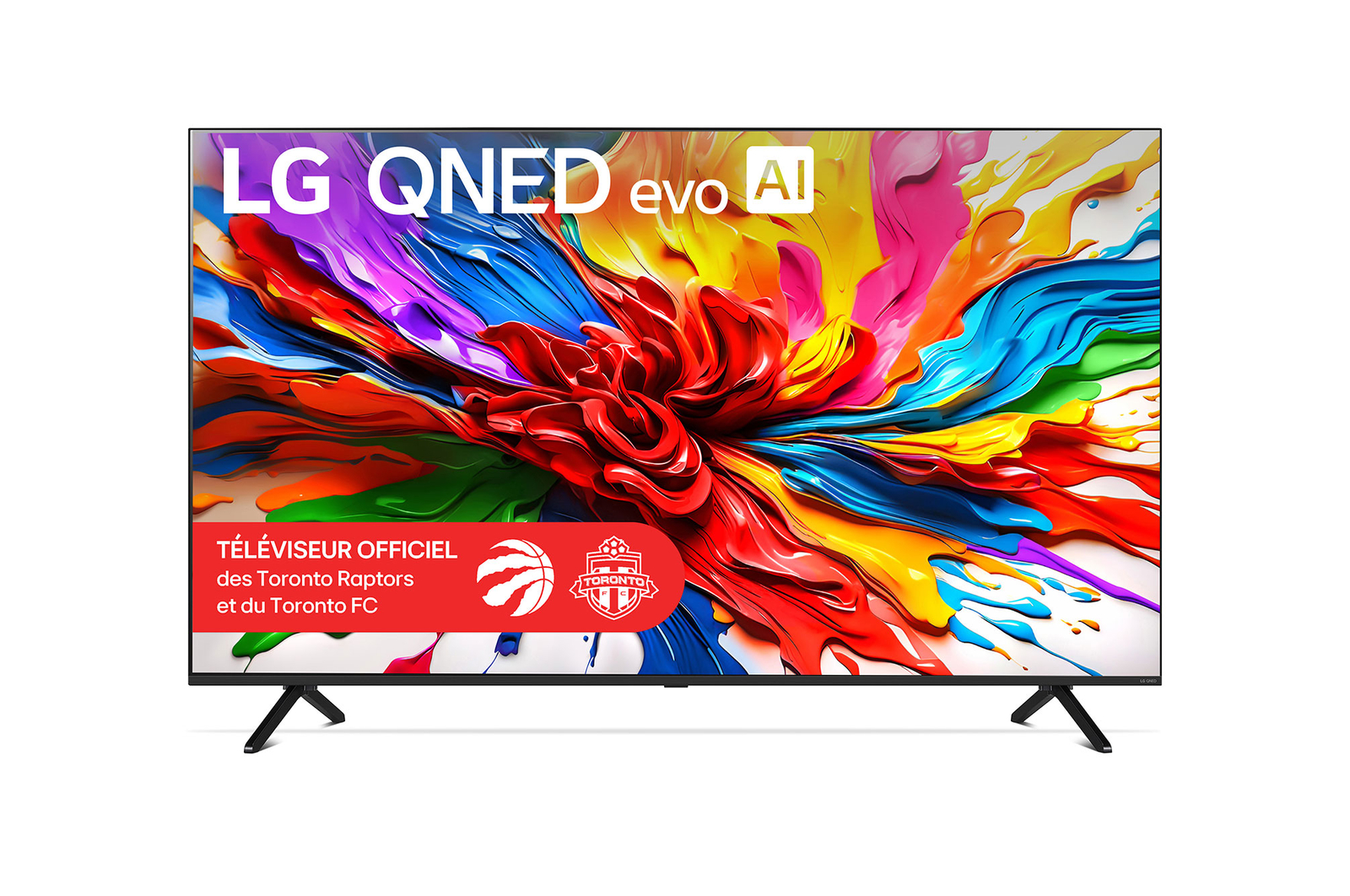 Vue avant du téléviseur LG QNED evo QNED92, avec le logo LG QNED evo AI dans le coin supérieur. Le téléviseur LG QNED evo présente des textures colorées rappelant une peinture en mouvement.
