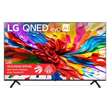 Vue avant du téléviseur LG QNED evo QNED92, avec le logo LG QNED evo AI dans le coin supérieur. Le téléviseur LG QNED evo présente des textures colorées rappelant une peinture en mouvement.