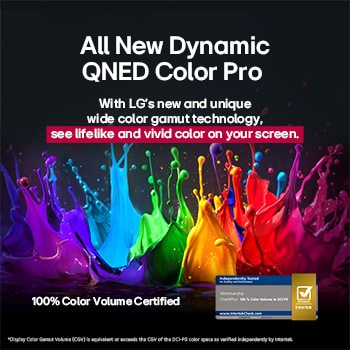 Des éclaboussures de peinture jaillissent du sol vers le haut dans des couleurs variées. Certification Intertrek indiquant que des tests indépendants ont été effectués, placée sous l’image. Le titre met en avant la nouvelle technologie exclusive de large gamme de couleurs de LG, qui vous permet d’afficher des couleurs éclatantes sur votre écran.