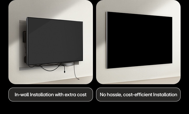 Comparaison côte à côte d’un téléviseur câblé et d’un téléviseur LG sans fil en ce qui concerne l’installation. En ce qui concerne les téléviseurs câblés, une construction supplémentaire semble nécessaire pour tenter de dissimuler tous les autres appareils derrière le téléviseur. L’installation désordonnée et les fils sont encore visibles à travers les interstices. L’étiquette indique : Installation murale avec supplément de prix. Du côté de LG True Wireless, le téléviseur est fixé proprement au mur. Aucun fil ou appareil n’est visible. L’étiquette indique : l’installation est simple et sans frais.