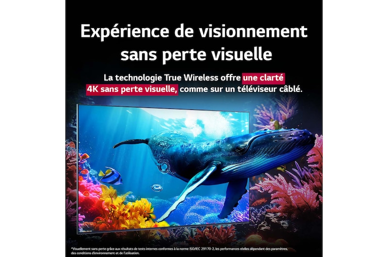 Une baleine nage vers le spectateur à travers un QNED9M placé au milieu des coraux de l’océan. Le texte explique que les détails sont impressionnants et que la qualité 4K est visuellement sans perte. 