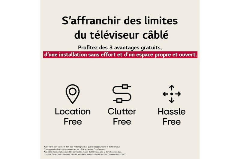 Trois icônes représentant les trois avantages gratuits du téléviseur sans fil de LG. Sans emplacement, sans encombrement, sans tracas. Le texte parle de s’affranchir des limites du téléviseur filaire et de profiter d’une installation sans effort et d’un espace propre et ouvert.
