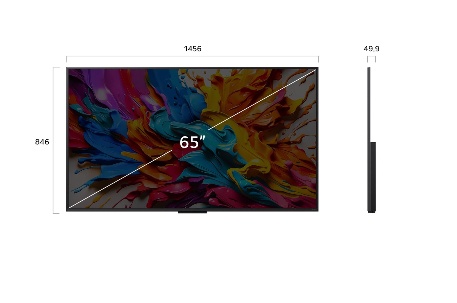 Vue avant et vue latérale d’une Smart TV 4K LG QNED evo AI QNED9M, illustrant ses dimensions en longueur, largeur, hauteur et profondeur.