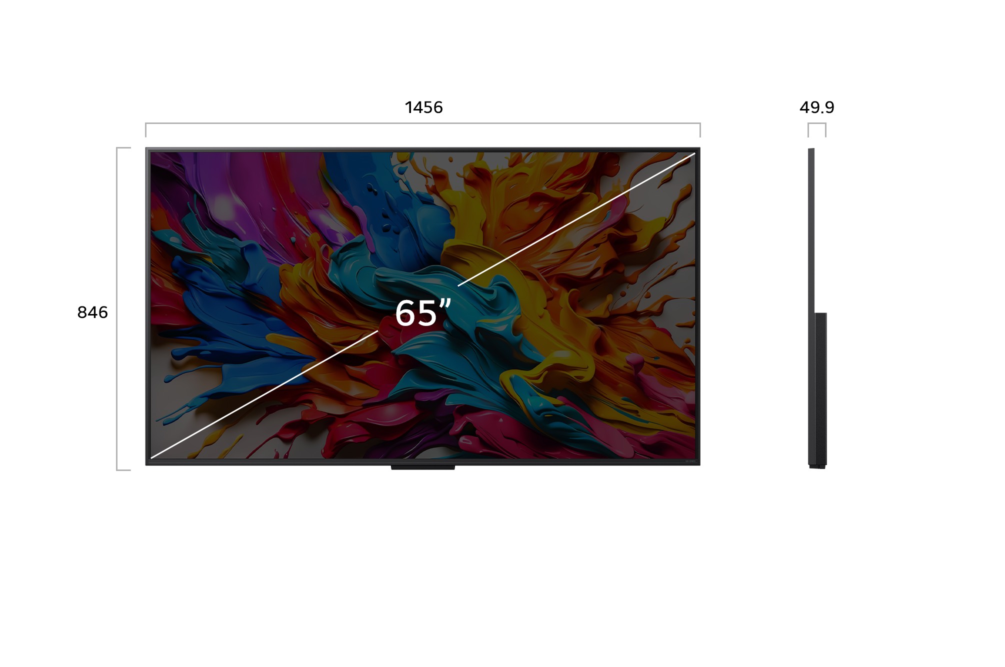 Vue avant et vue latérale d’une Smart TV 4K LG QNED evo AI QNED9M, illustrant ses dimensions en longueur, largeur, hauteur et profondeur.