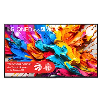 Vue de face du téléviseur LG QNED evo AI QNED9M Logo LG QNED evo AI dans le coin supérieur. Le téléviseur LG QNED evo présente des textures colorées rappelant une peinture en mouvement. La boîte Zero Connect dans le coin avec le titre : boîtier Zero Connect avec transfert vidéo et audio sans fil 4K 144Hz.