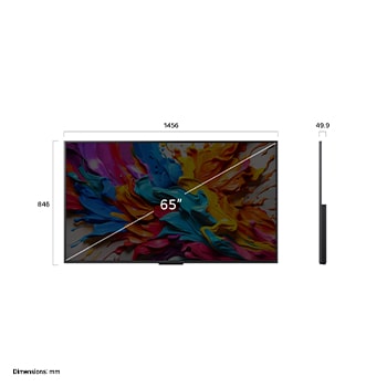 Vue avant et vue latérale d’une Smart TV 4K LG QNED evo AI QNED9M, illustrant ses dimensions en longueur, largeur, hauteur et profondeur.