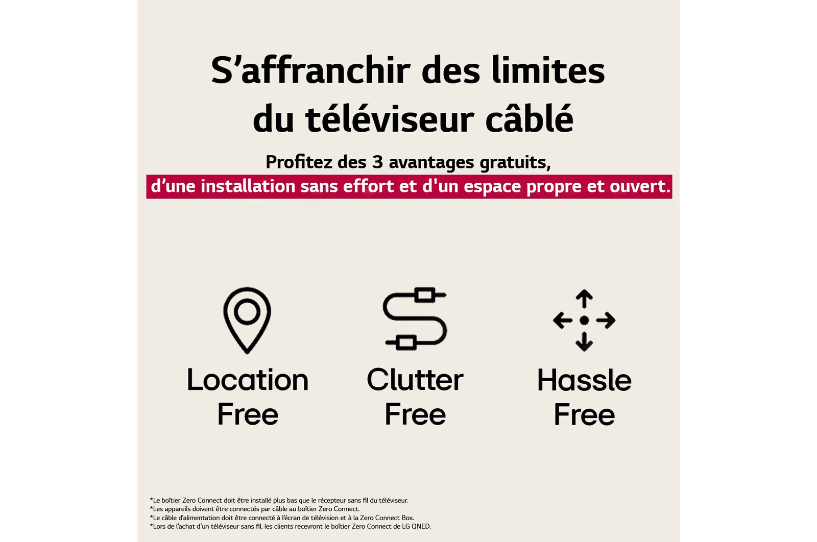 Trois icônes représentant les trois avantages gratuits du téléviseur sans fil de LG. Sans emplacement, sans encombrement, sans tracas. Le texte parle de s’affranchir des limites du téléviseur filaire et de profiter d’une installation sans effort et d’un espace propre et ouvert.