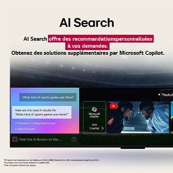 Gros plan sur l’écran du LG TV montrant le fonctionnement d’AI Search. Une petite fenêtre de discussion s’ouvre, montrant que l’utilisateur a demandé quels étaient les jeux sportifs disponibles. AI Search a réagi par le biais d’une discussion en ligne et en affichant des vignettes des contenus disponibles. Une invite à interroger Microsoft Copilot s’affiche également. 