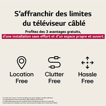Trois icônes représentant les trois avantages gratuits du téléviseur sans fil de LG. Sans emplacement, sans encombrement, sans tracas. Le texte parle de s’affranchir des limites du téléviseur filaire et de profiter d’une installation sans effort et d’un espace propre et ouvert.