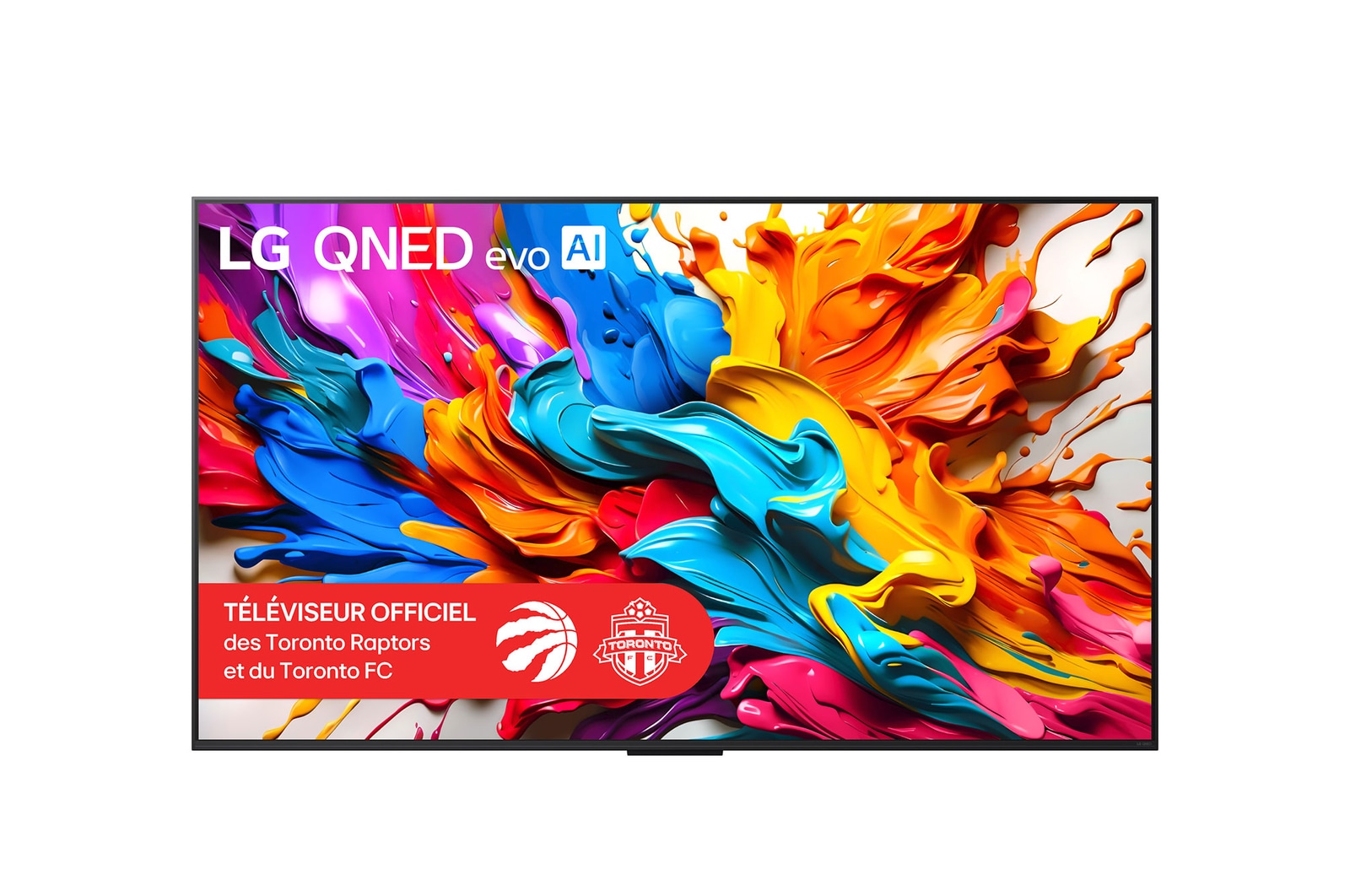 Vue de face du téléviseur LG QNED evo AI QNED9M Logo LG QNED evo AI dans le coin supérieur. Le téléviseur LG QNED evo présente des textures colorées rappelant une peinture en mouvement. La boîte Zero Connect dans le coin avec le titre : boîtier Zero Connect avec transfert vidéo et audio sans fil 4K 144Hz.