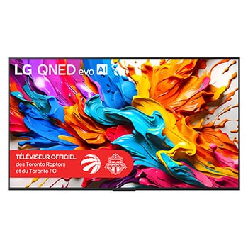 Vue de face du téléviseur LG QNED evo AI QNED9M Logo LG QNED evo AI dans le coin supérieur. Le téléviseur LG QNED evo présente des textures colorées rappelant une peinture en mouvement. La boîte Zero Connect dans le coin avec le titre : boîtier Zero Connect avec transfert vidéo et audio sans fil 4K 144Hz.