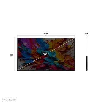 Vue avant et vue latérale d’une Smart TV 4K LG QNED evo AI QNED9M, illustrant ses dimensions en longueur, largeur, hauteur et profondeur.