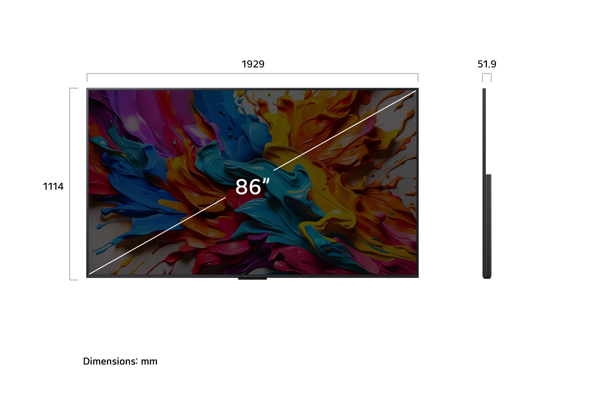 Vue avant et vue latérale d’une Smart TV 4K LG QNED evo AI QNED9M, illustrant ses dimensions en longueur, largeur, hauteur et profondeur.