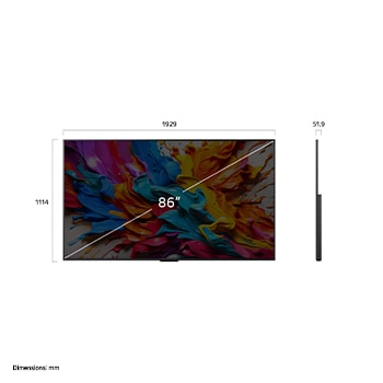 Vue avant et vue latérale d’une Smart TV 4K LG QNED evo AI QNED9M, illustrant ses dimensions en longueur, largeur, hauteur et profondeur.