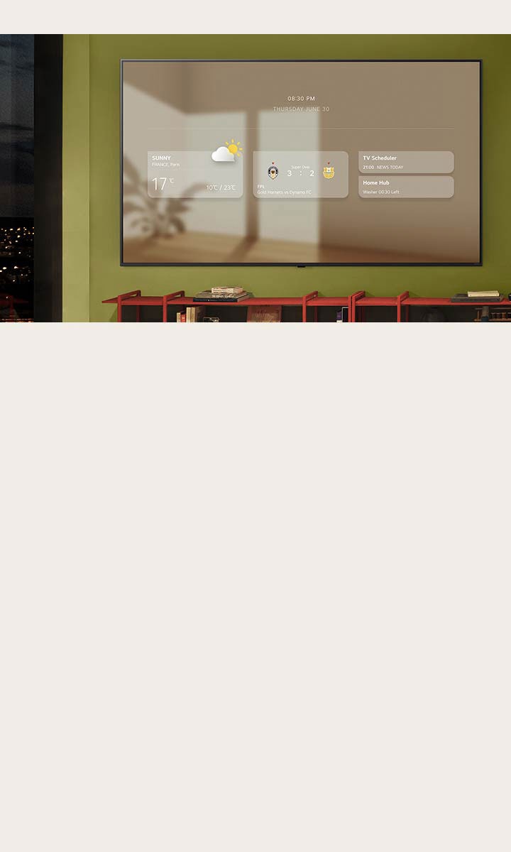 Le tableau d’information est affiché sur un LG TV à fixation murale. Différentes fonctionnalités sont affichées, telles que les mises à jour météorologiques, les alertes sportives, le programmateur TV, Home Hub et Google Calendar.