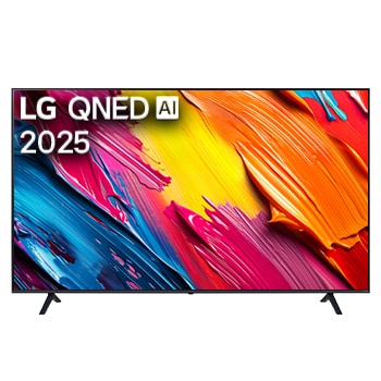 Vue avant du LG QNED70 TV, avec le logo LG QNED AI dans le coin supérieur. Le LG QNED TV présente des textures colorées rappelant une peinture en mouvement.