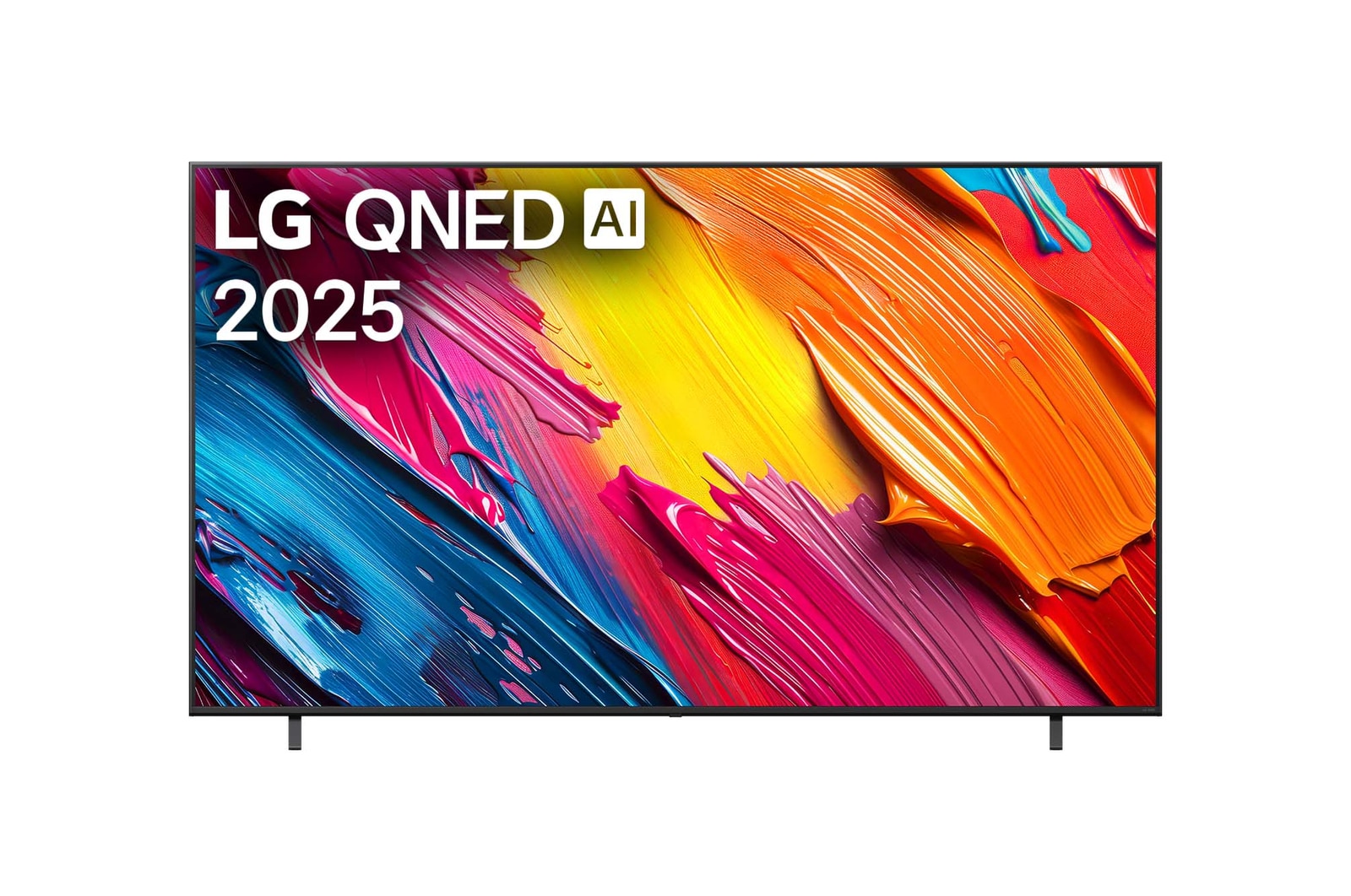 Vue avant du LG QNED70 TV, avec le logo LG QNED AI dans le coin supérieur. Le LG QNED TV présente des textures colorées rappelant une peinture en mouvement.