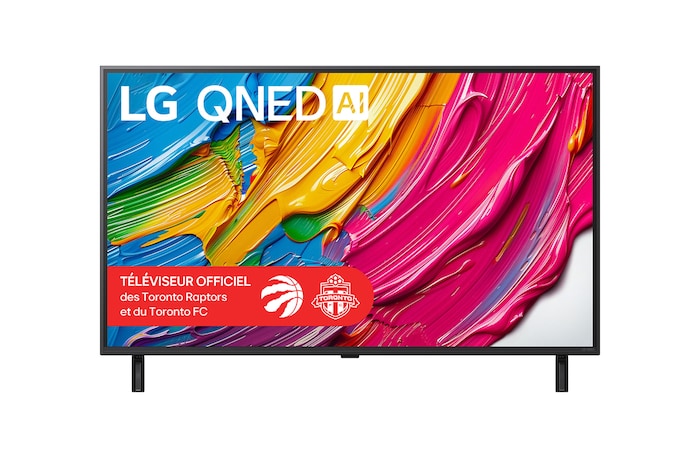 Vue avant du LG QNED80 TV, avec le logo LG QNED AI dans le coin supérieur. Le LG QNED TV présente des textures colorées rappelant une peinture en mouvement.