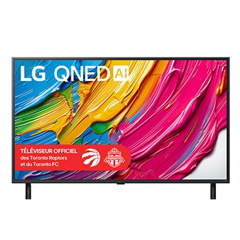 Vue avant du LG QNED80 TV, avec le logo LG QNED AI dans le coin supérieur. Le LG QNED TV présente des textures colorées rappelant une peinture en mouvement.