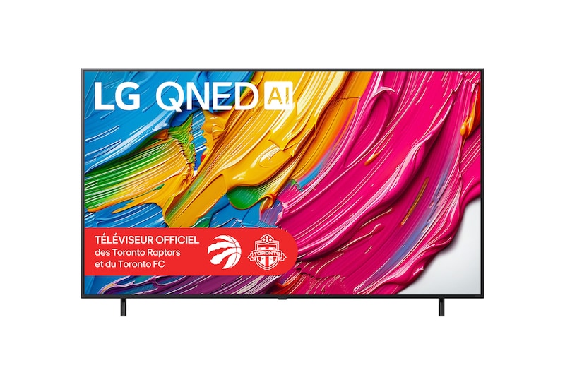 Vue avant du LG QNED80 TV, avec le logo LG QNED AI dans le coin supérieur. Le LG QNED TV présente des textures colorées rappelant une peinture en mouvement.
