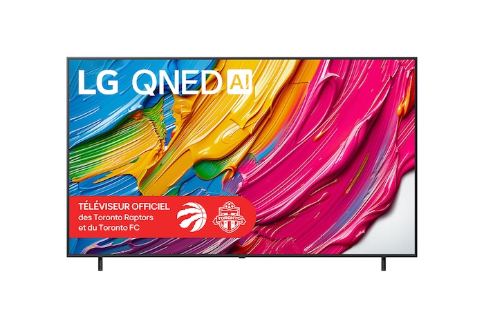 Vue avant du LG QNED80 TV, avec le logo LG QNED AI dans le coin supérieur. Le LG QNED TV présente des textures colorées rappelant une peinture en mouvement.
