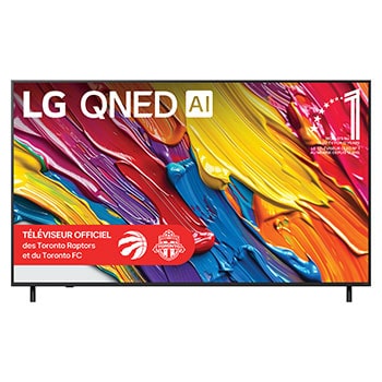 Vue avant du LG QNED82 TV, avec le logo LG QNED AI dans le coin supérieur. Le LG QNED TV présente des textures colorées rappelant une peinture en mouvement.