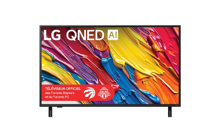 Vue avant du LG QNED82 TV, avec le logo LG QNED AI dans le coin supérieur. Le LG QNED TV présente des textures colorées rappelant une peinture en mouvement.